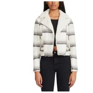 BB Dakota Check Fleece Zipper Black White Sherpa Moto Jacket Size M